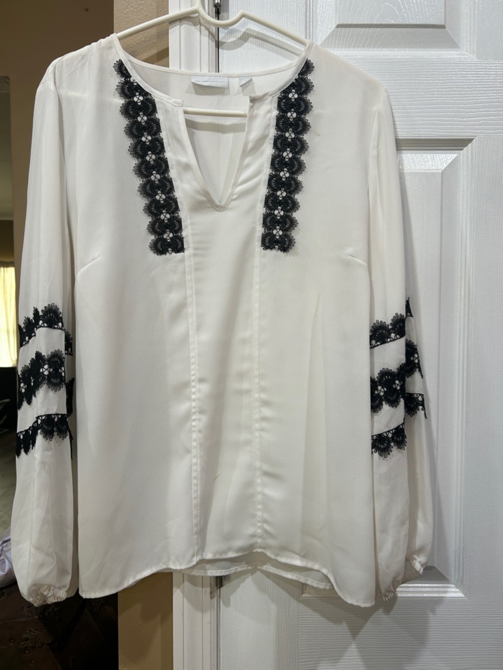 New York & Company White Blouse with Black Lace Trim